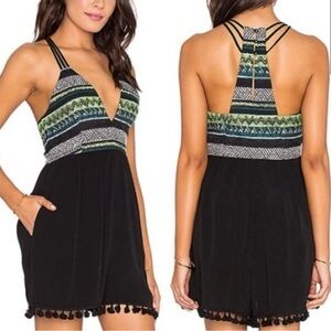 Saylor Alivia Aztec Chevron Embroidered Tassel Deep V Romper Size Small Boho